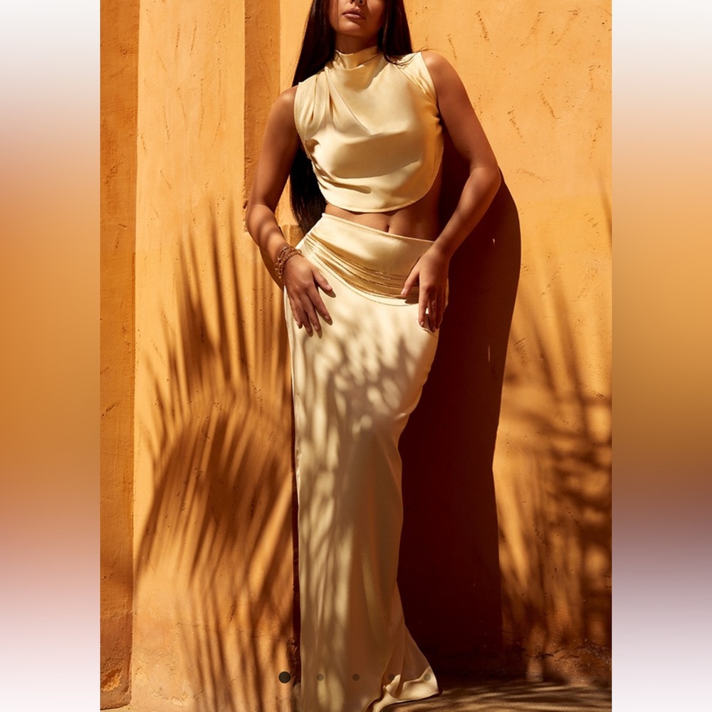 PrettyLittleThing Satin Tie High Neck Cowl Crop Top and Mid Rise Maxi Skirt